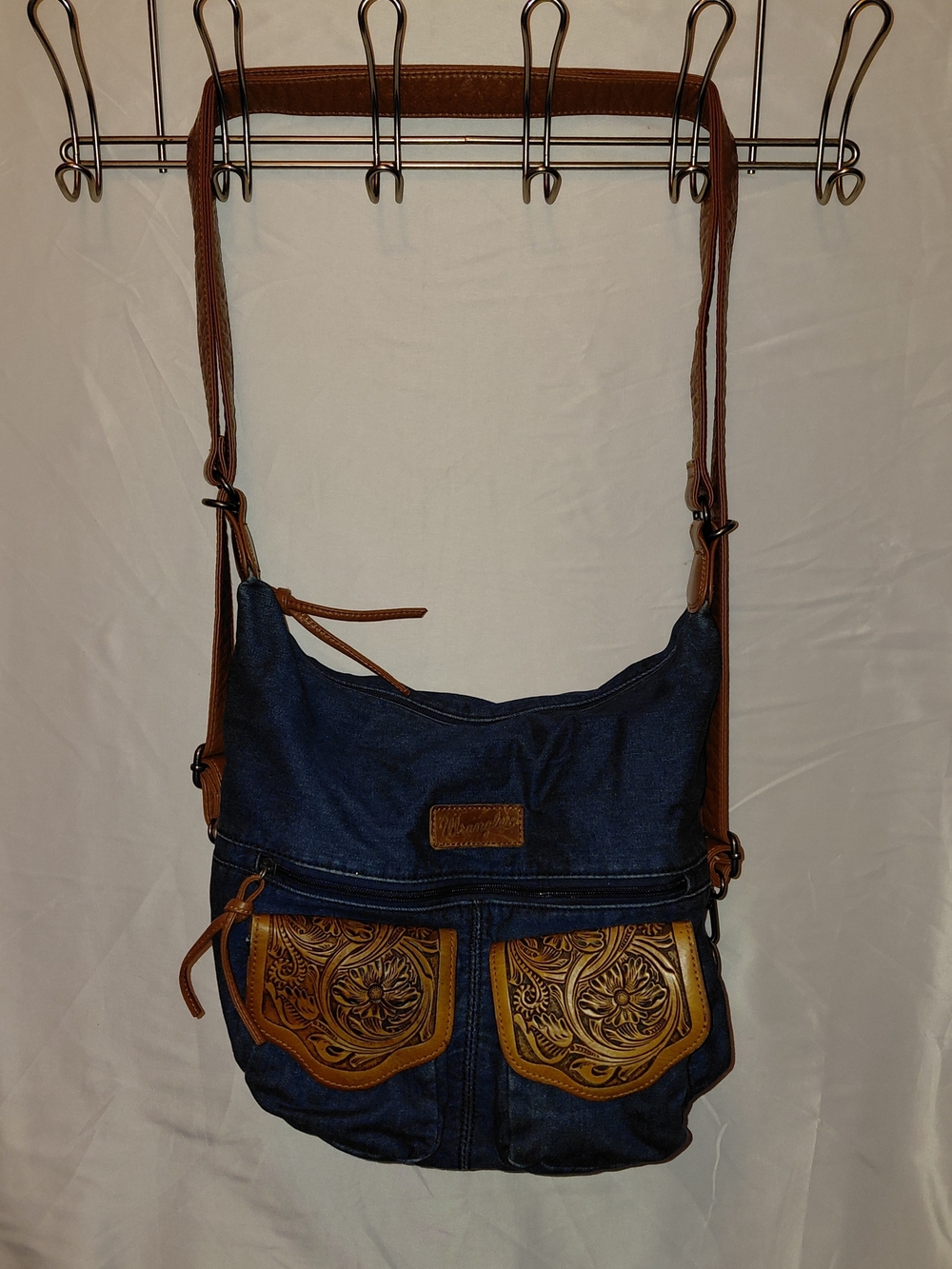 Wrangler Blue Denim Hobo Bag with Brown Tooled Leather Accents